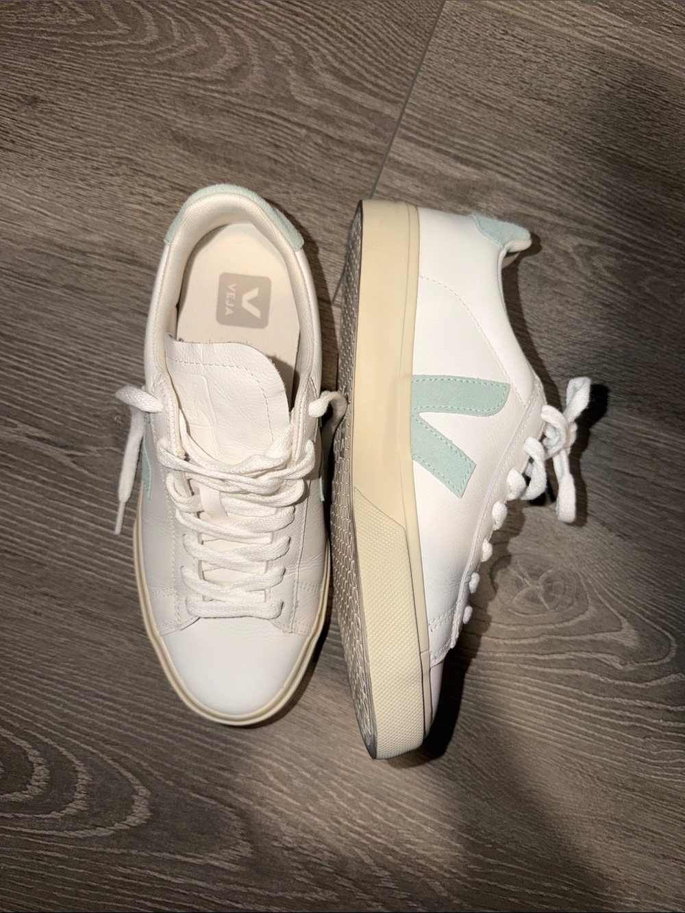 Veja Women’s White Leather Sneakers with Mint V Accent